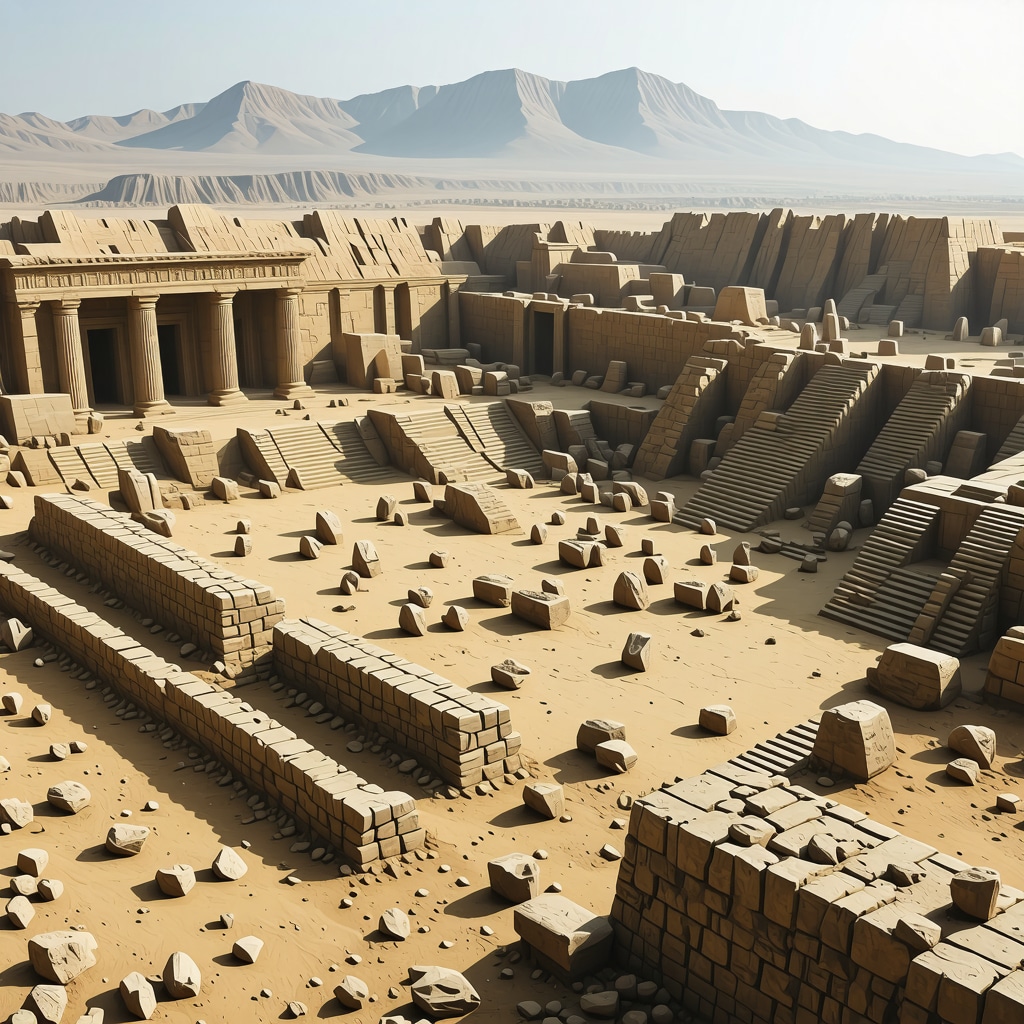 3D digital model of an ancient site with artifacts and ruins.