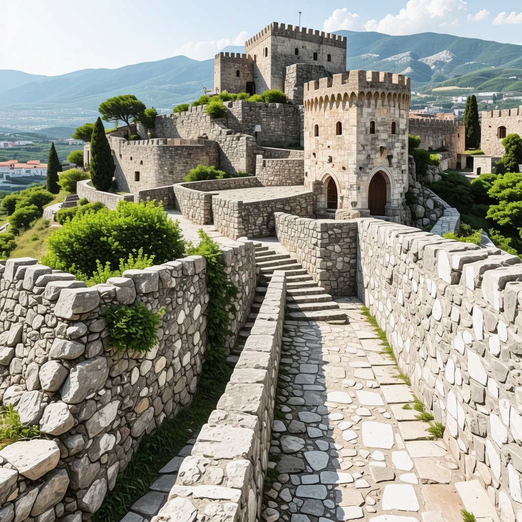 Panoramic view of Kruja Castle with digital overlays showing historical features and tourist pathways