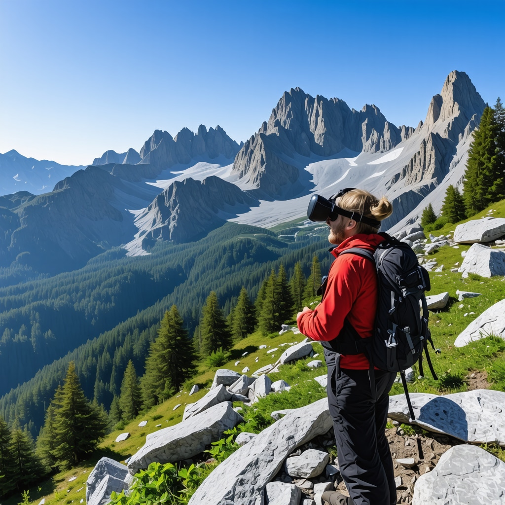 Durmitor mountain landscape with digital augmented reality hiking trail markers and a person using virtual reality headset