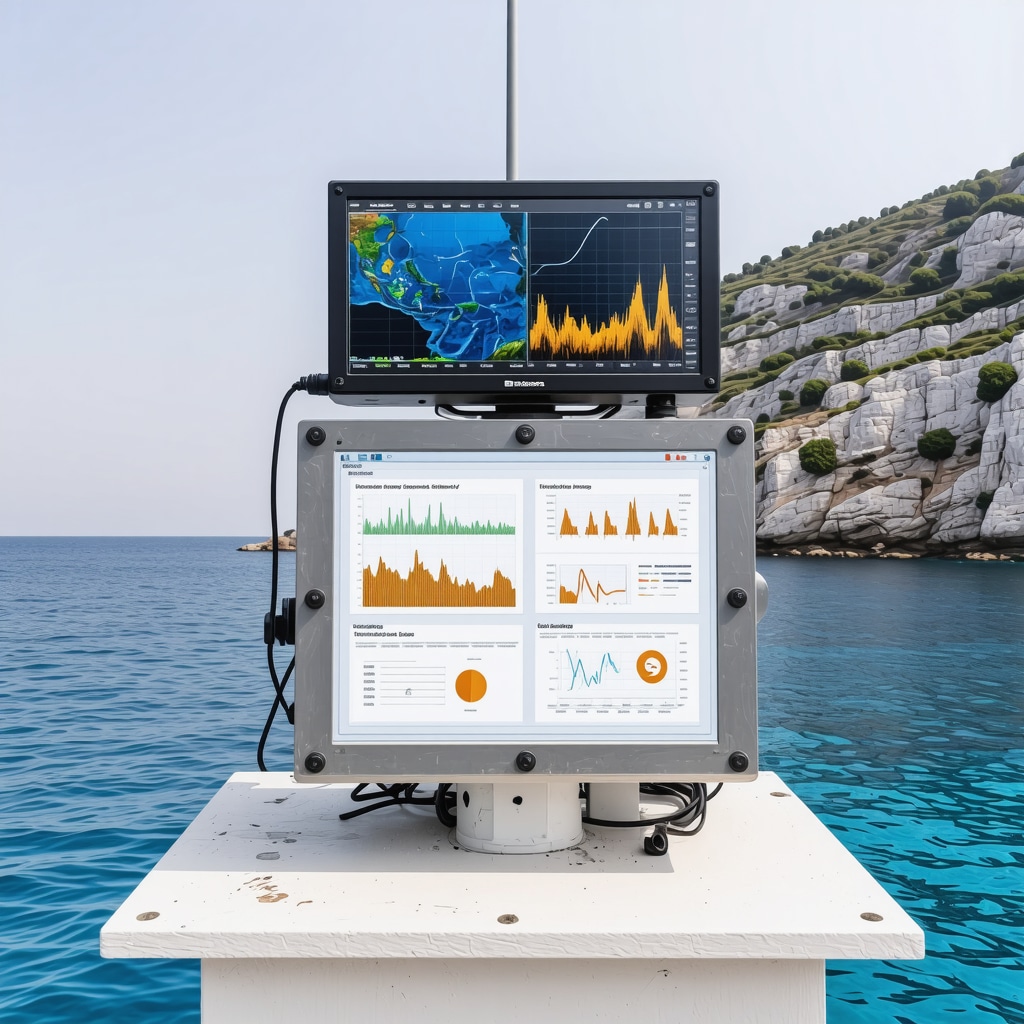 Coastal monitoring station with underwater sensors and digital data overlay near Petrovac, Montenegro