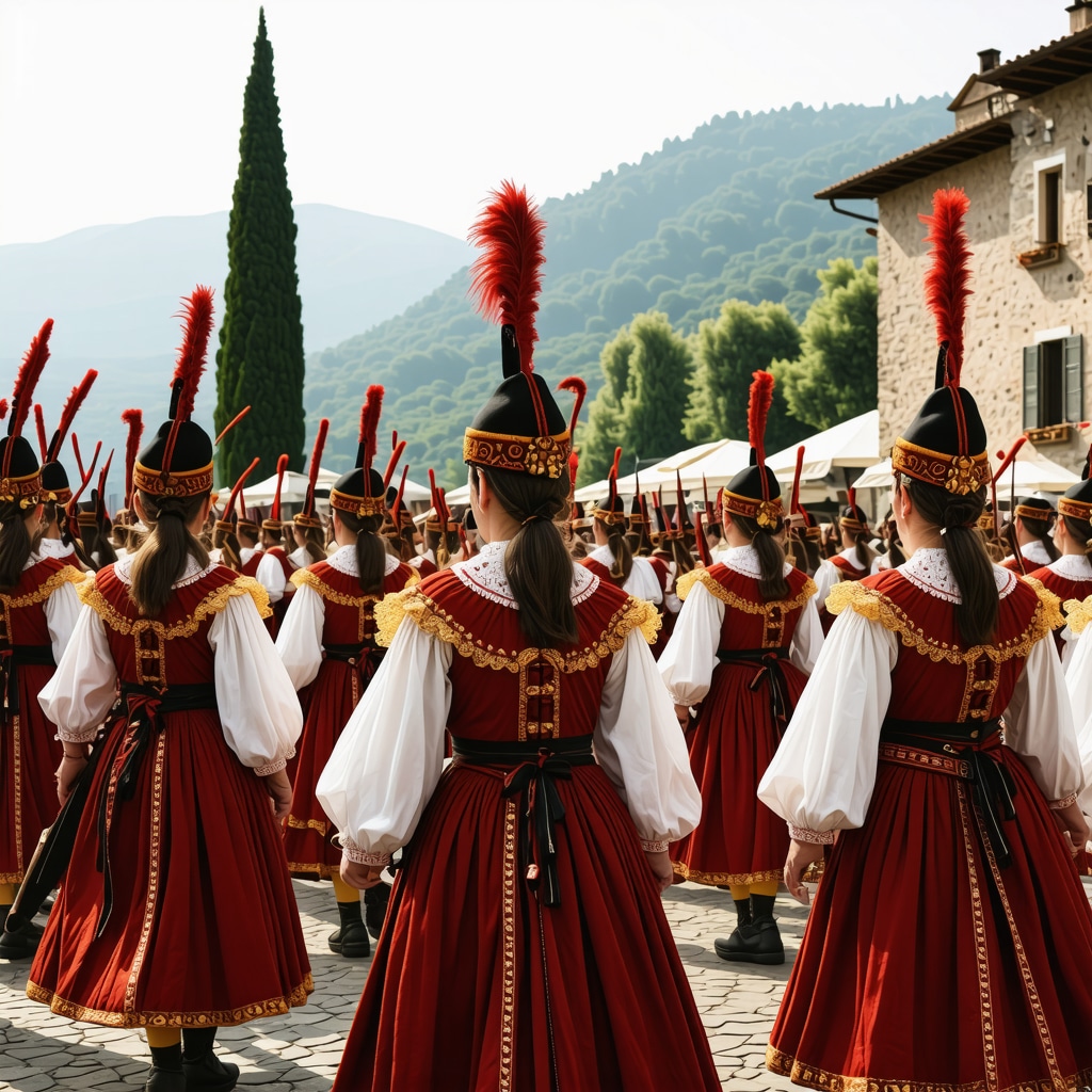 A colorful illustration showing a blend of traditional Cetinje costumes and modern digital interfaces at a cultural event