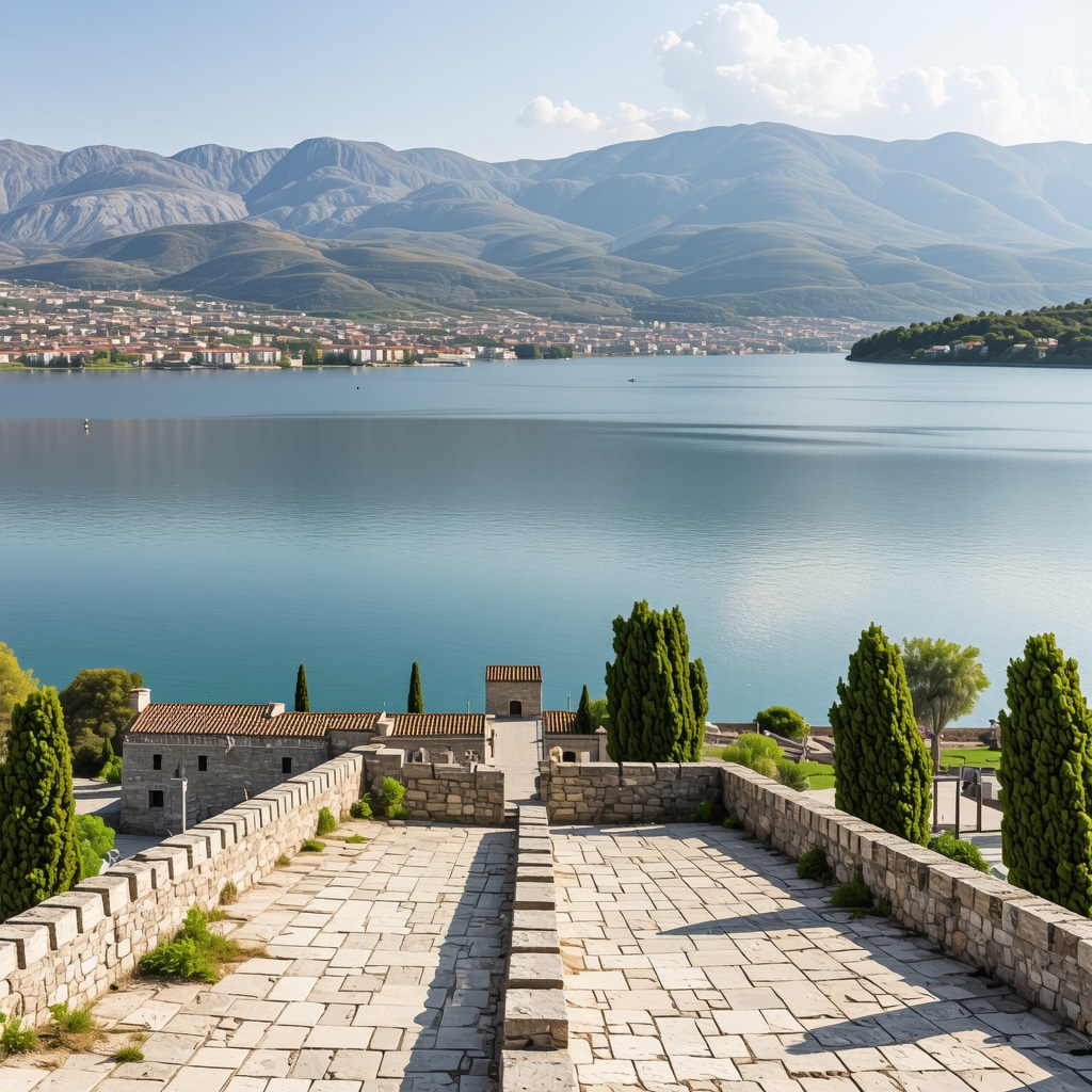 Panoramic Ioannina with digital overlays showing 3D scanning and smart tourism technology