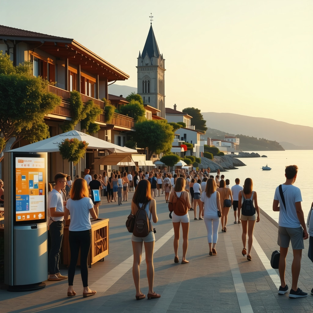 Panoramic view of Drač with smart city technology and eco-friendly tourism infrastructure at sunset