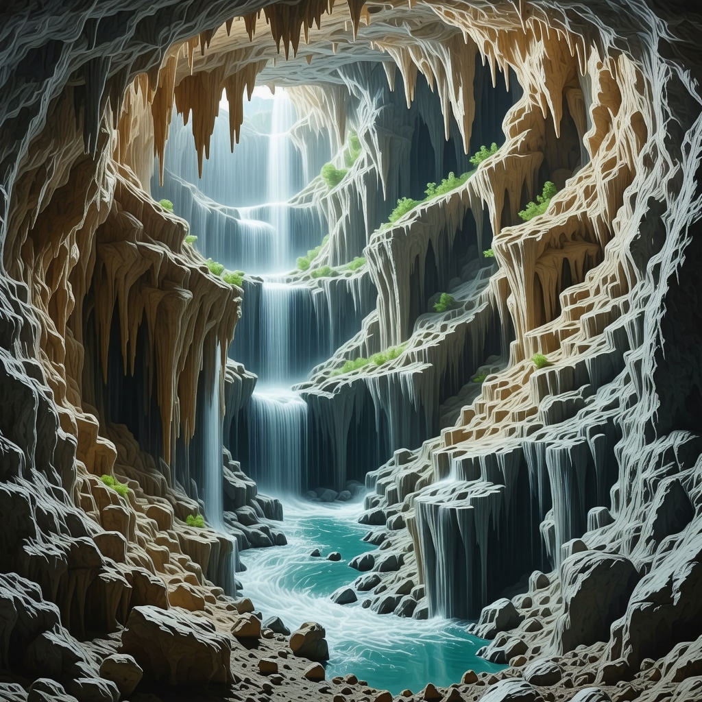 Visualization of a digital twin model showing underground water flow and geological layers in Škocjanske caves