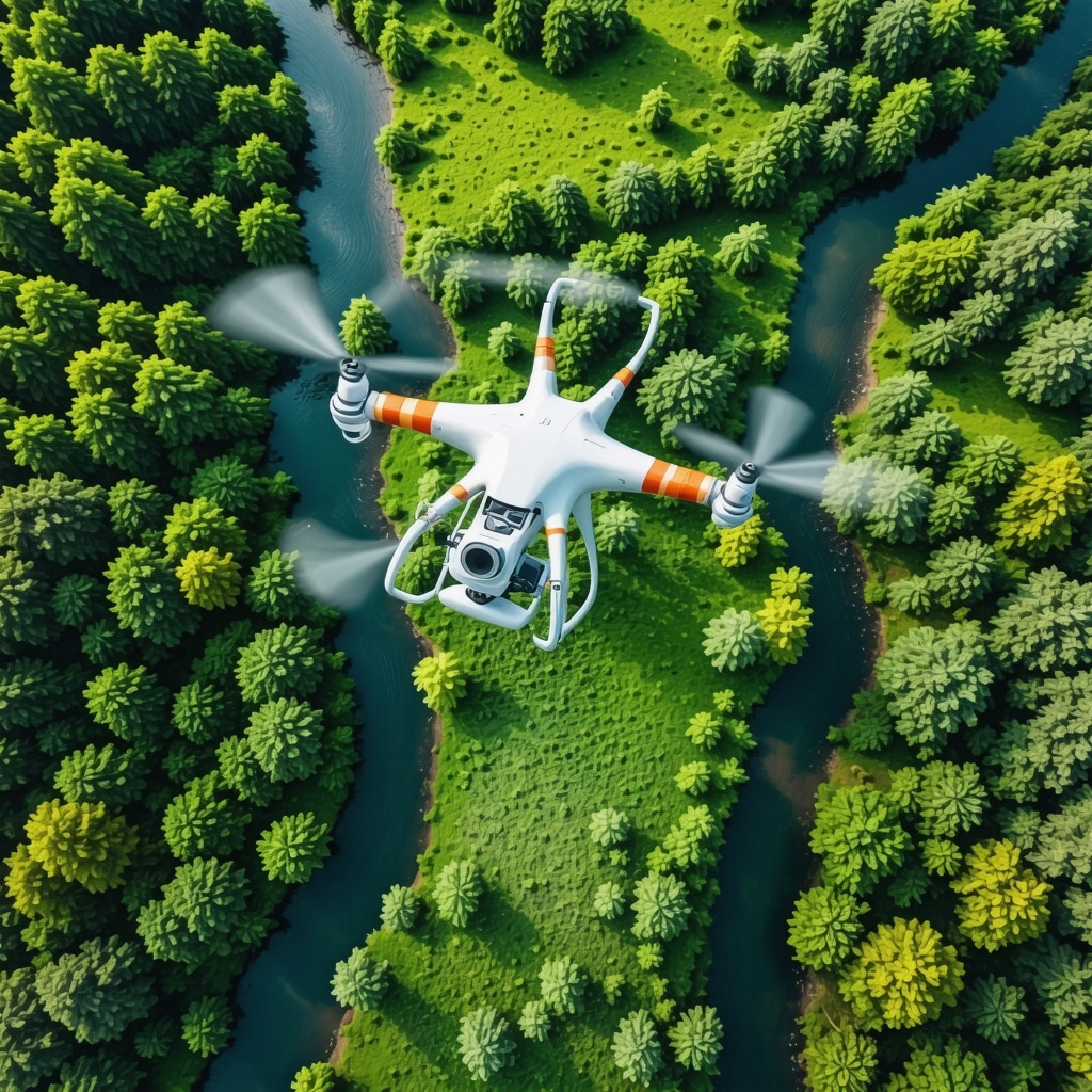 Drone flying over green landscape with rivers collecting ecological data for conservation