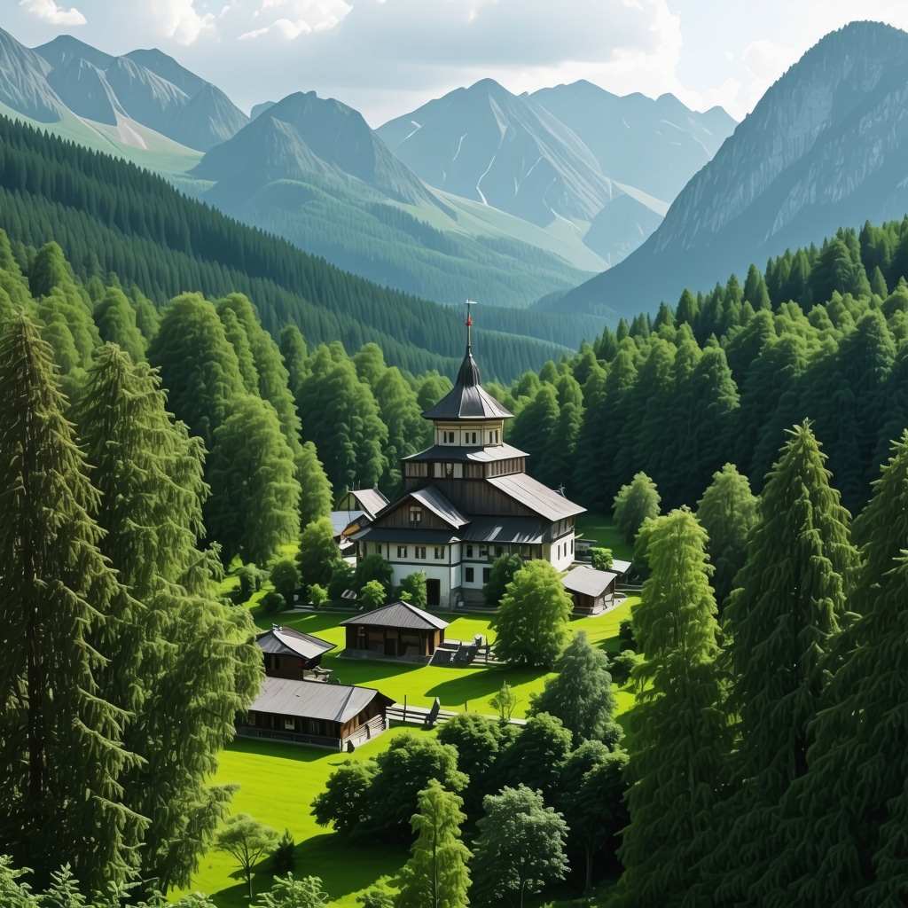 Mirna scena Rilskog manastira u prirodi sa planinama u pozadini