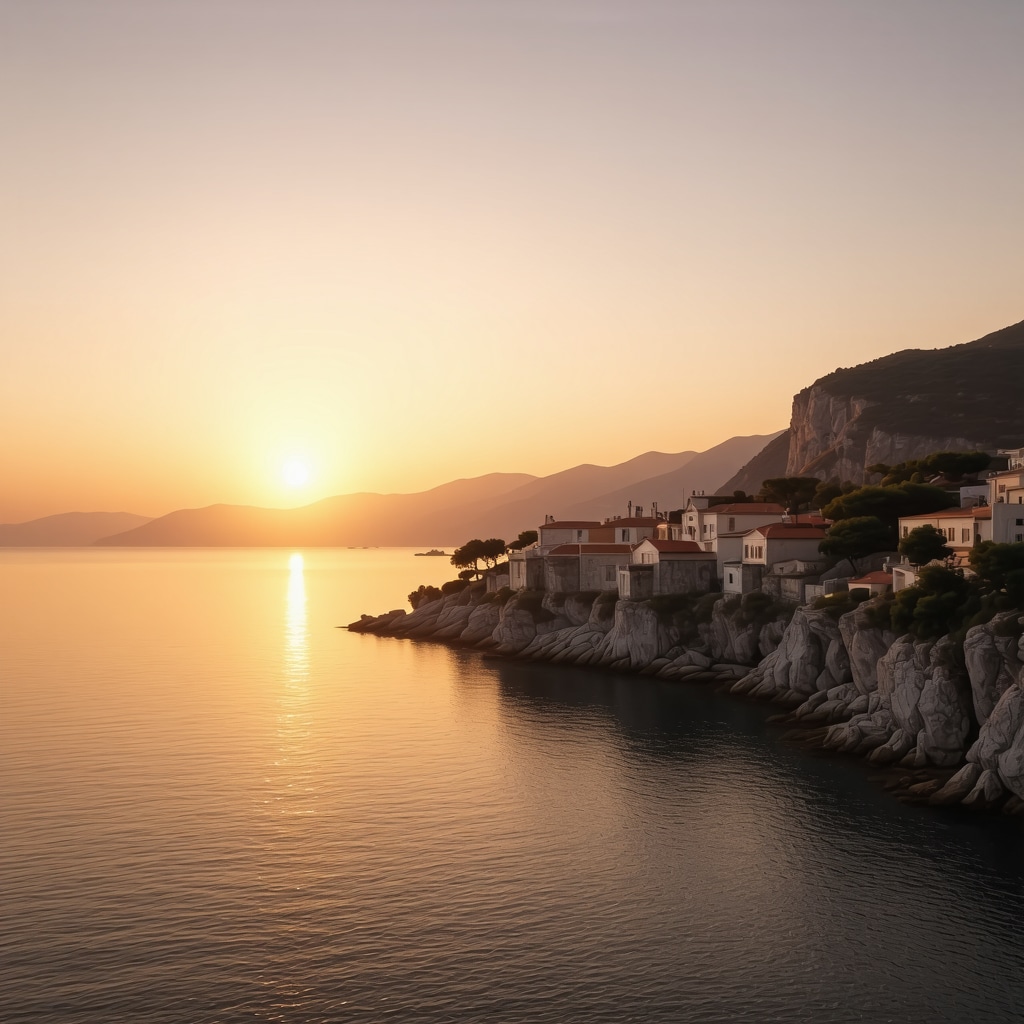 Sunset over Sveti Stefan with warm golden light and tranquil mood