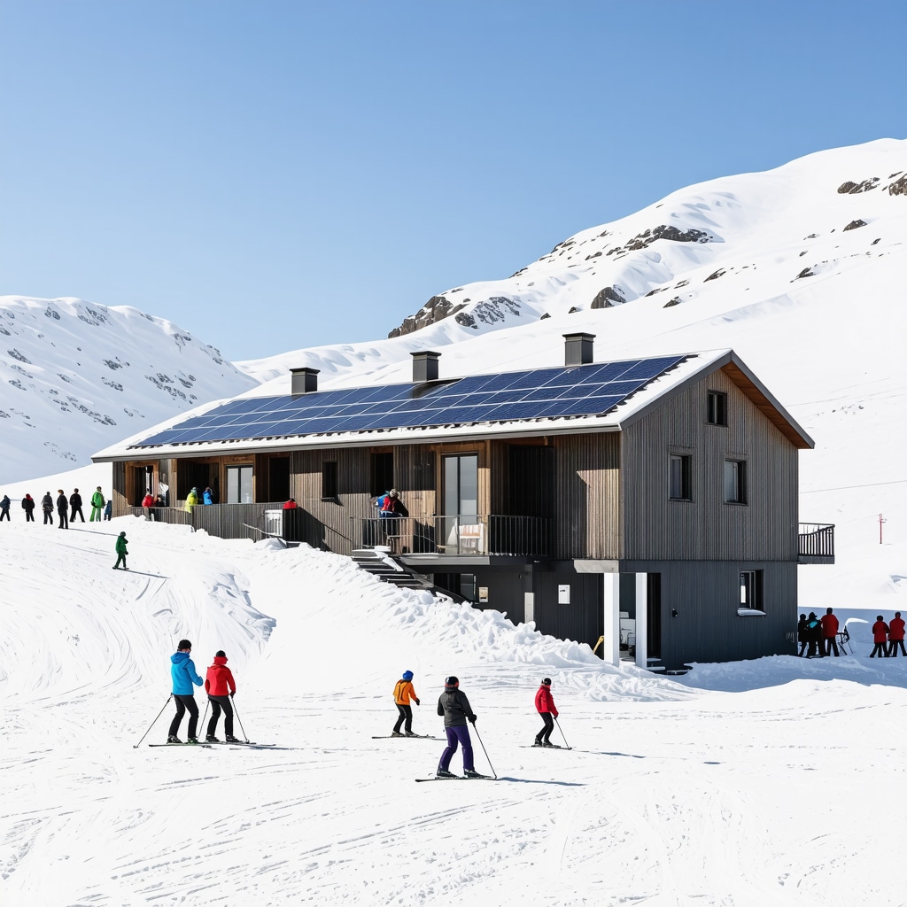 Modern ski resort in Sokobanja with solar panels and snowy slopes, tourists skiing and enjoying wellness