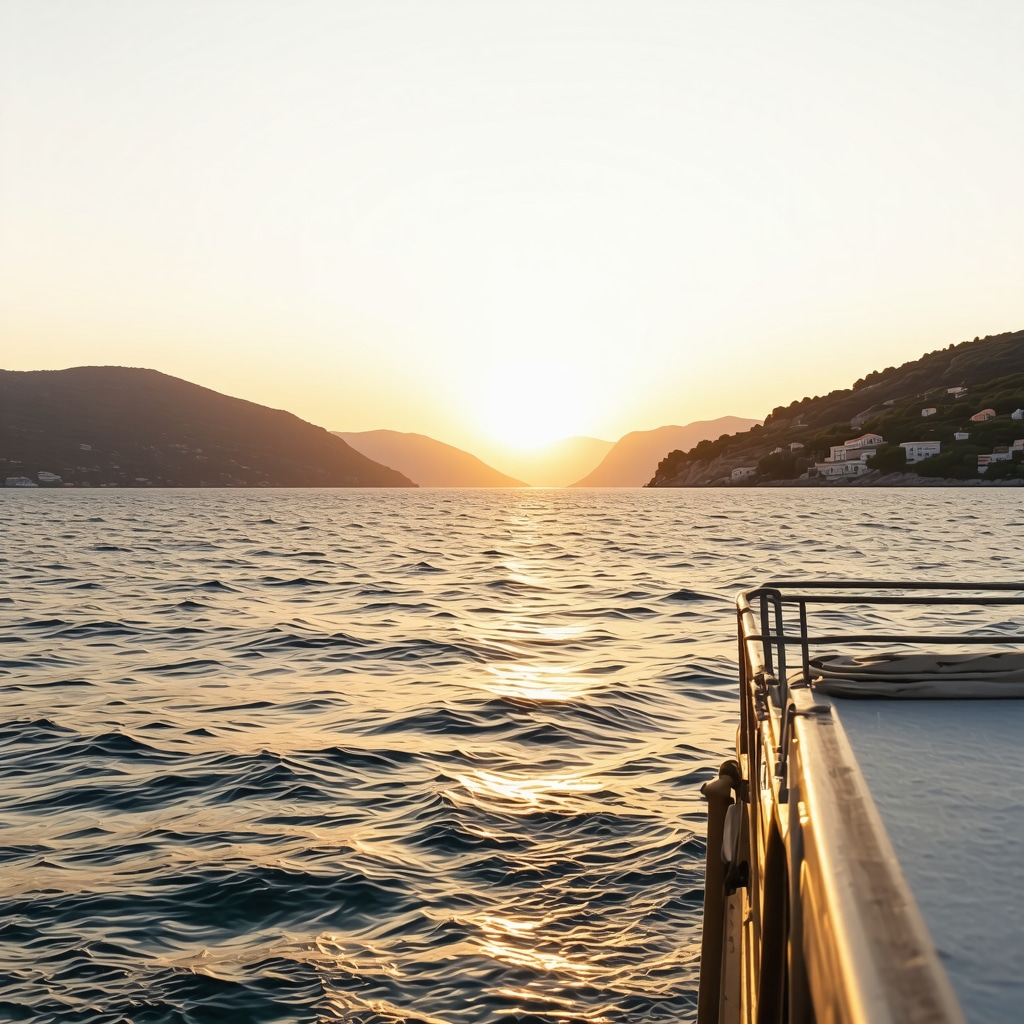 Ferry approaching Vis island with beautiful Adriatic Sea and sunset sky