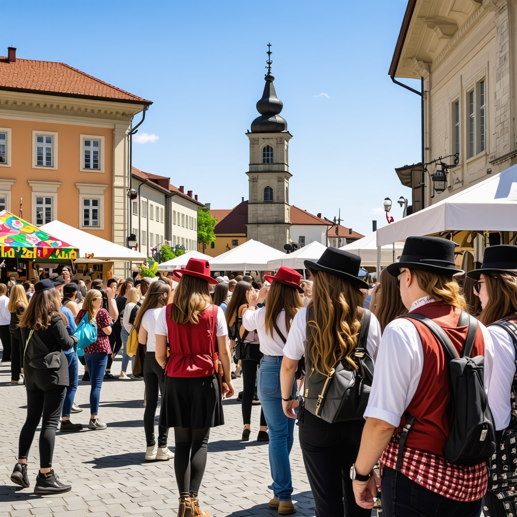 Crowd enjoying a vibrant festival in Kranj with traditional and modern art displays