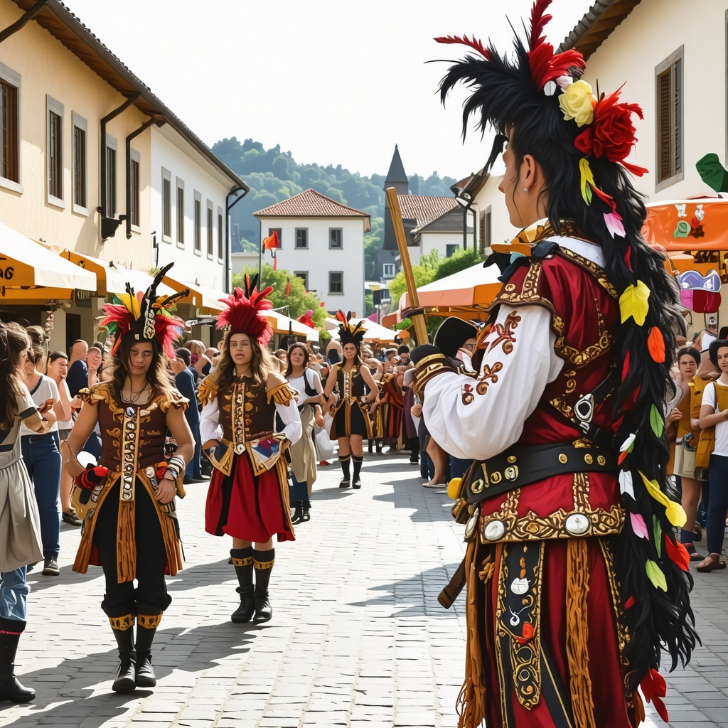 Colorful festival scene in Kranj with artists and performers.