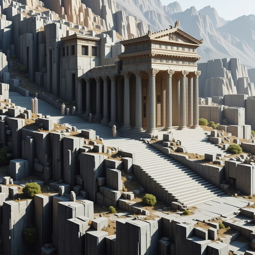 Digital 3D model of ancient Greek ruins with AI overlays