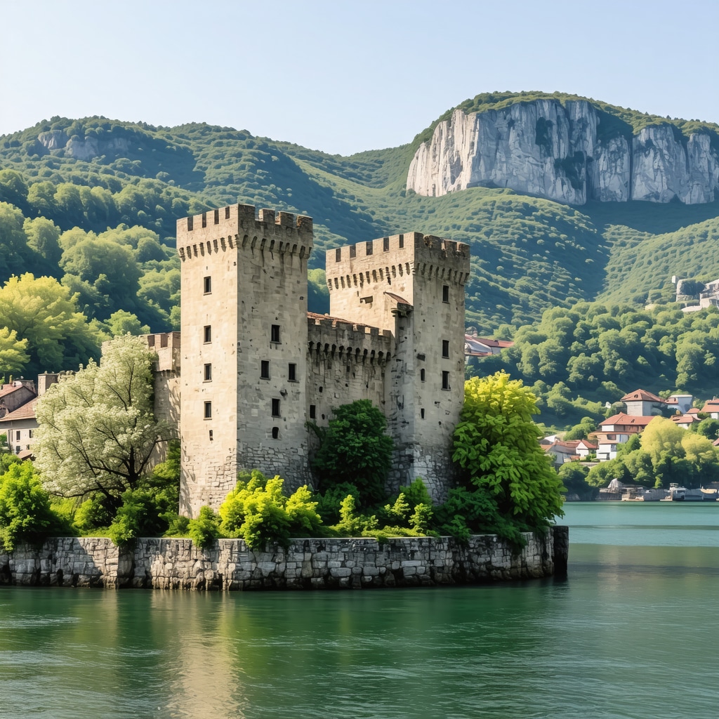 Panoramic view of Golubac Fortress with lush greenery and river