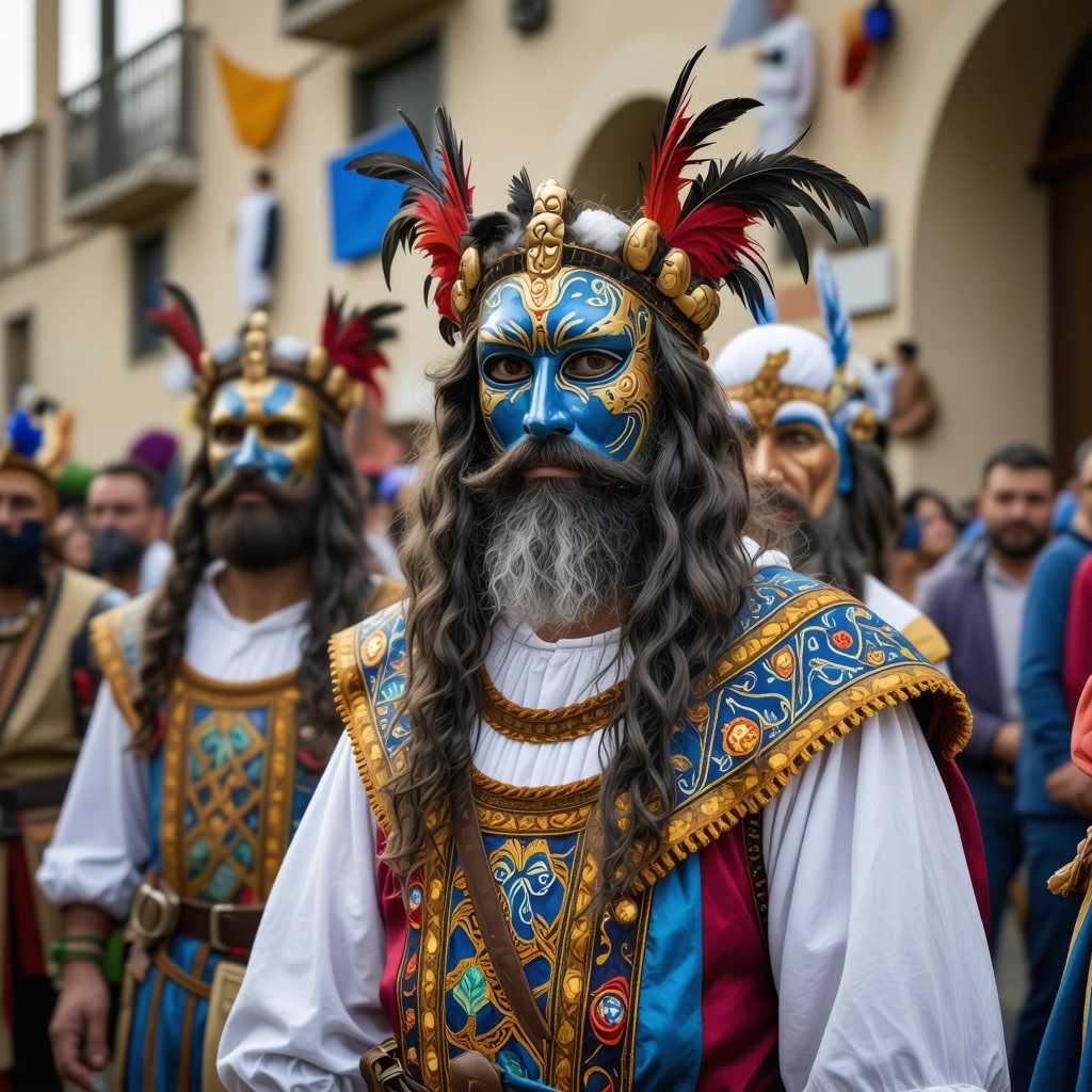 Vibrant scene from a Greek festival in Patras with masks, costumes, and lively parade at night