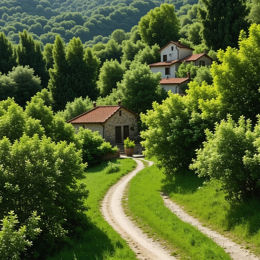Scenic view of a traditional Balkan village surrounded by lush greenery and mountains.