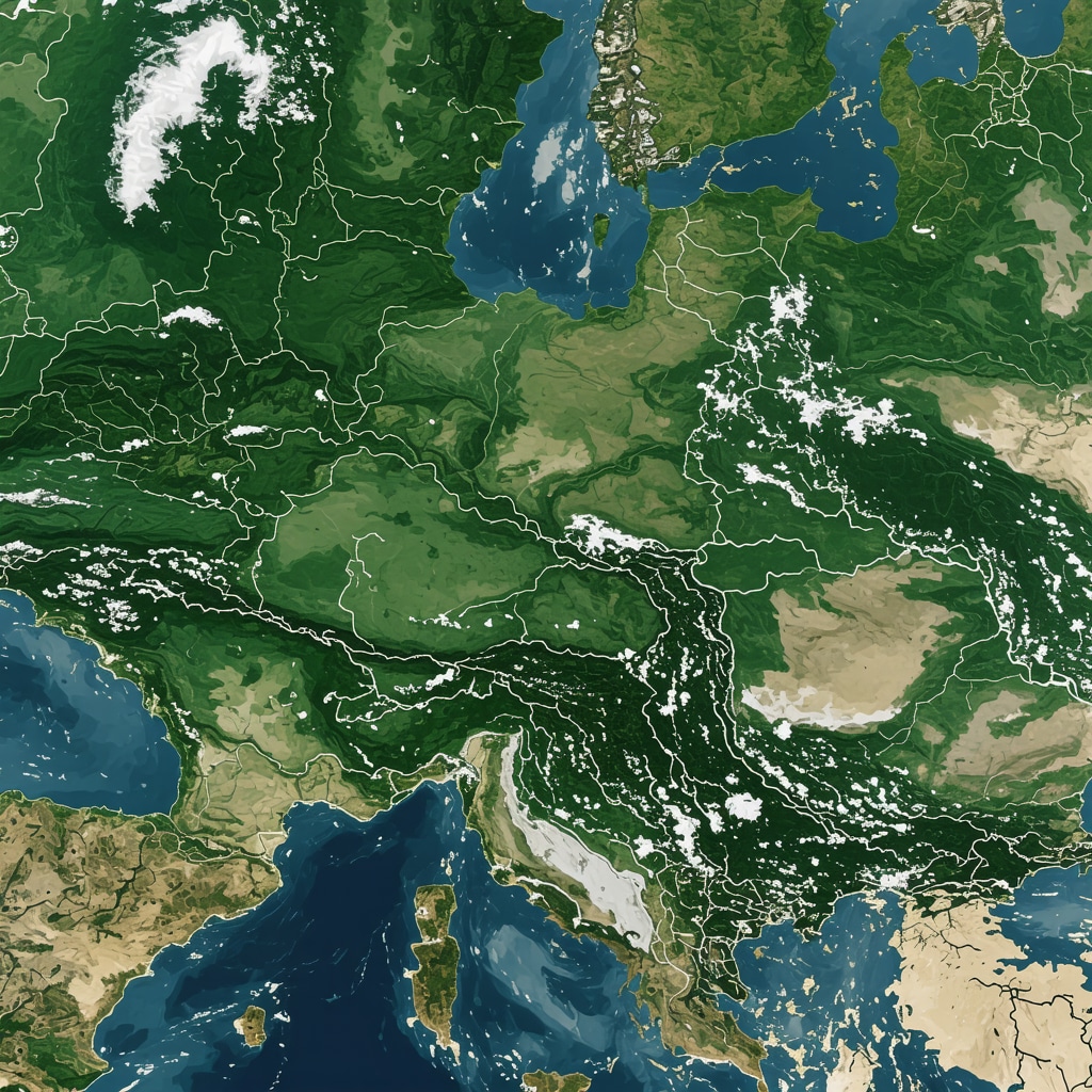Satellite image of Balkan natural reserves with forests, rivers, and mountains