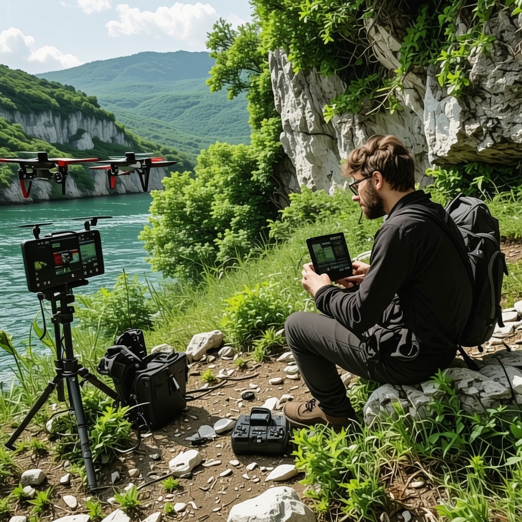 Ecological researchers using drones and GPS devices monitoring karst terrain near rivers Neretva and Buna in Čapljina