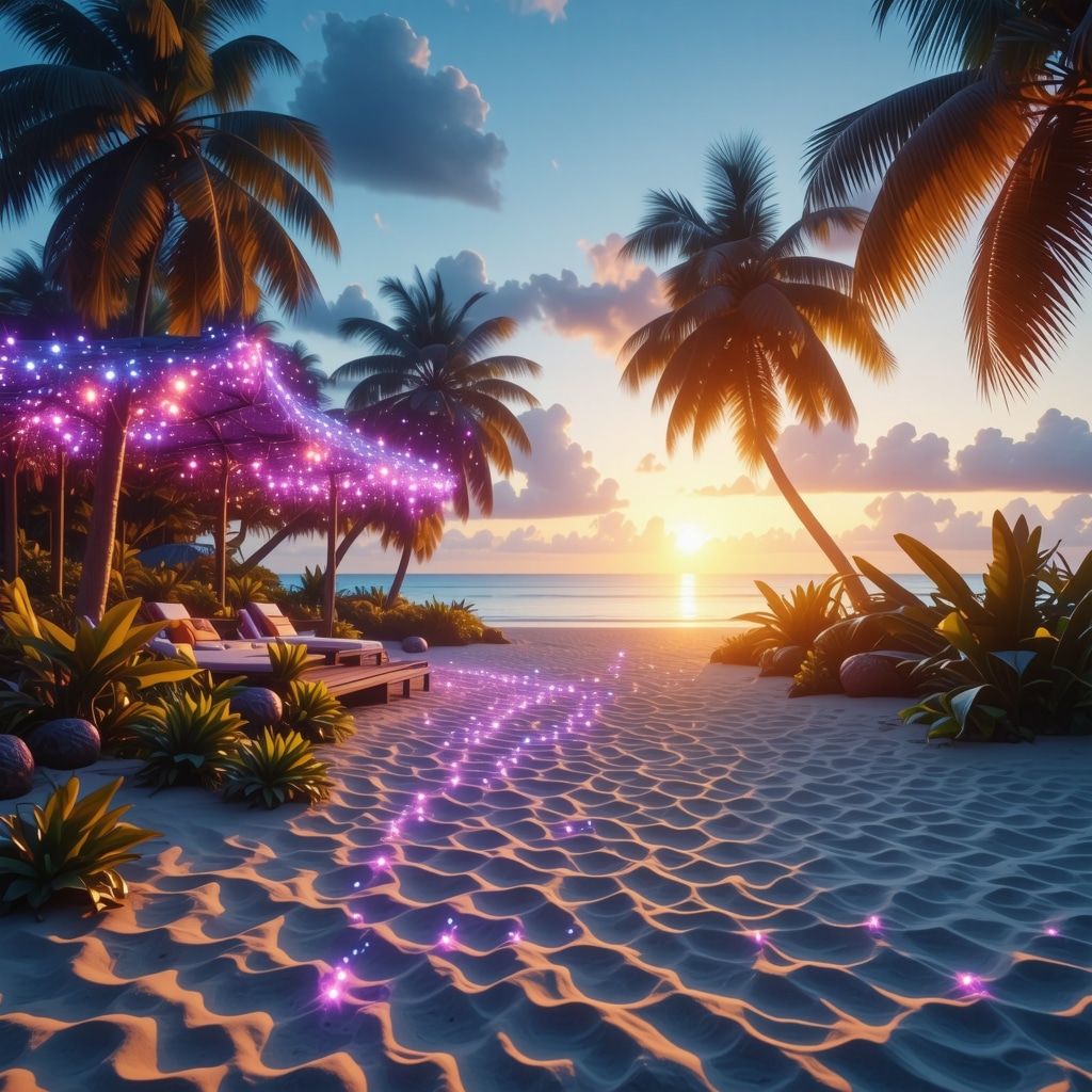 Elegant beach party with holograms and eco-friendly setups during sunset