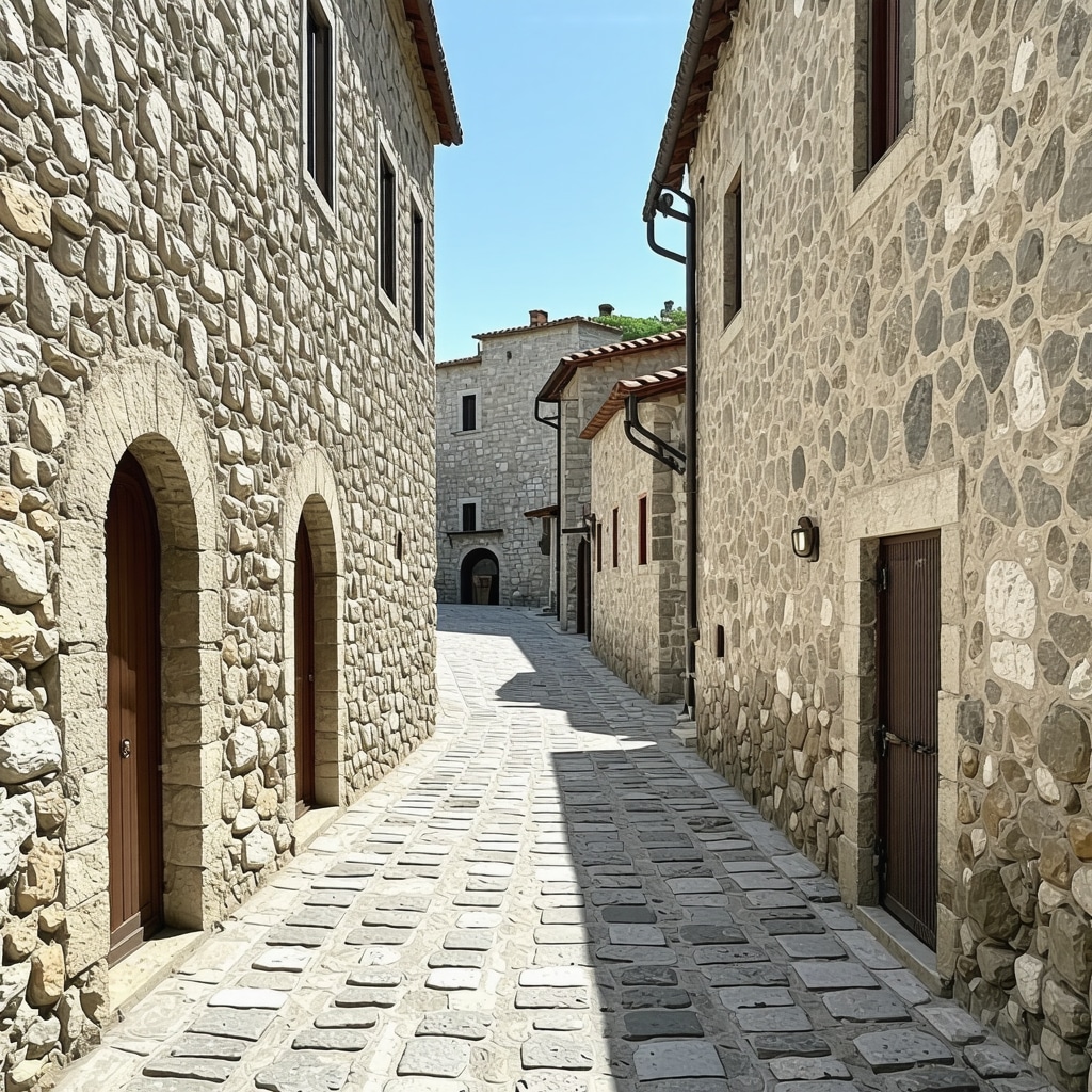 Sunlit view of Počitelj's old stone streets and architecture