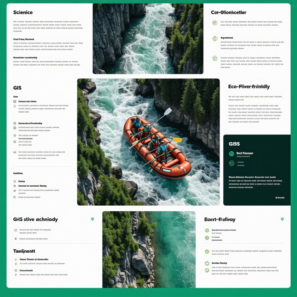 Infographic depicting behavioral science principles, GIS mapping, and eco-friendly rafting gear innovations for Cetina river rafting safety and training.