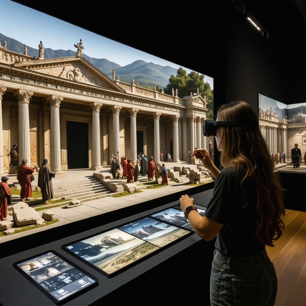 Visitors interacting with augmented reality displays inside a modern museum in Ioannina blending history and technology