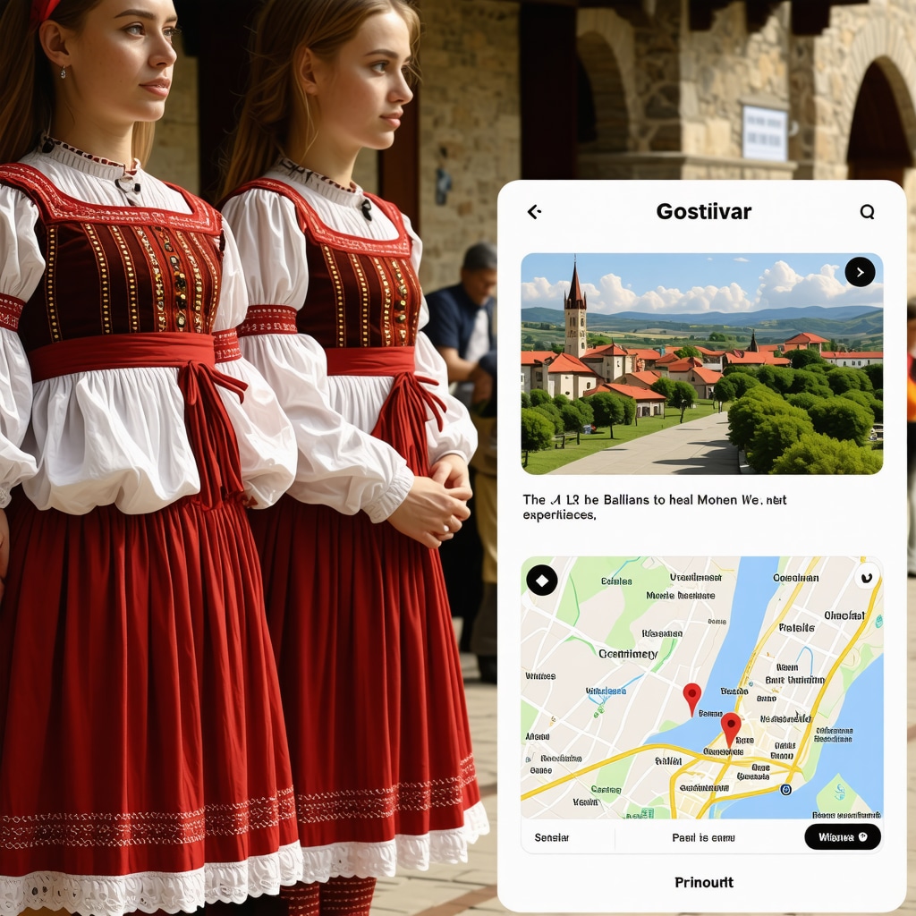 Screenshot of a digital platform displaying 3D models of traditional Balkan costumes and virtual tours of Gostivar landmarks