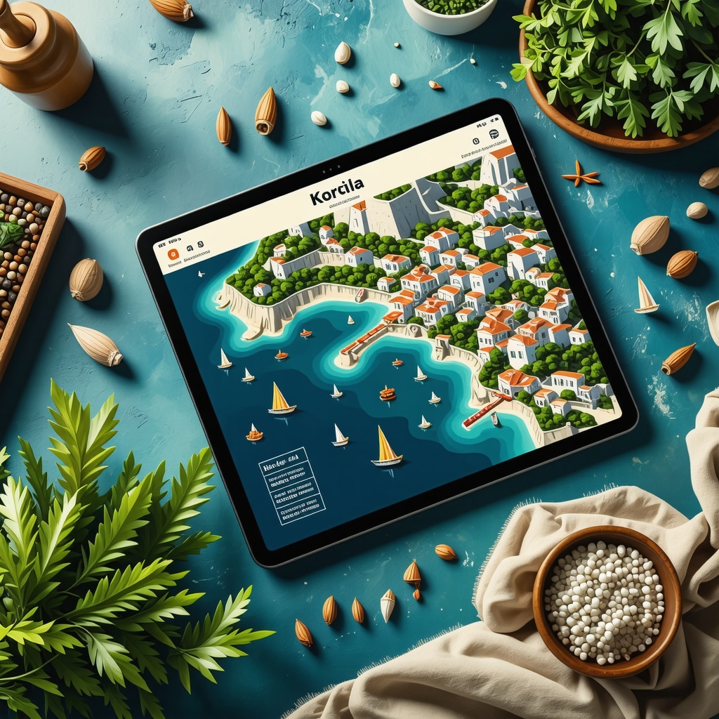 Tablet screen showing an interactive map of Korčula with tourist attractions and personalized routes