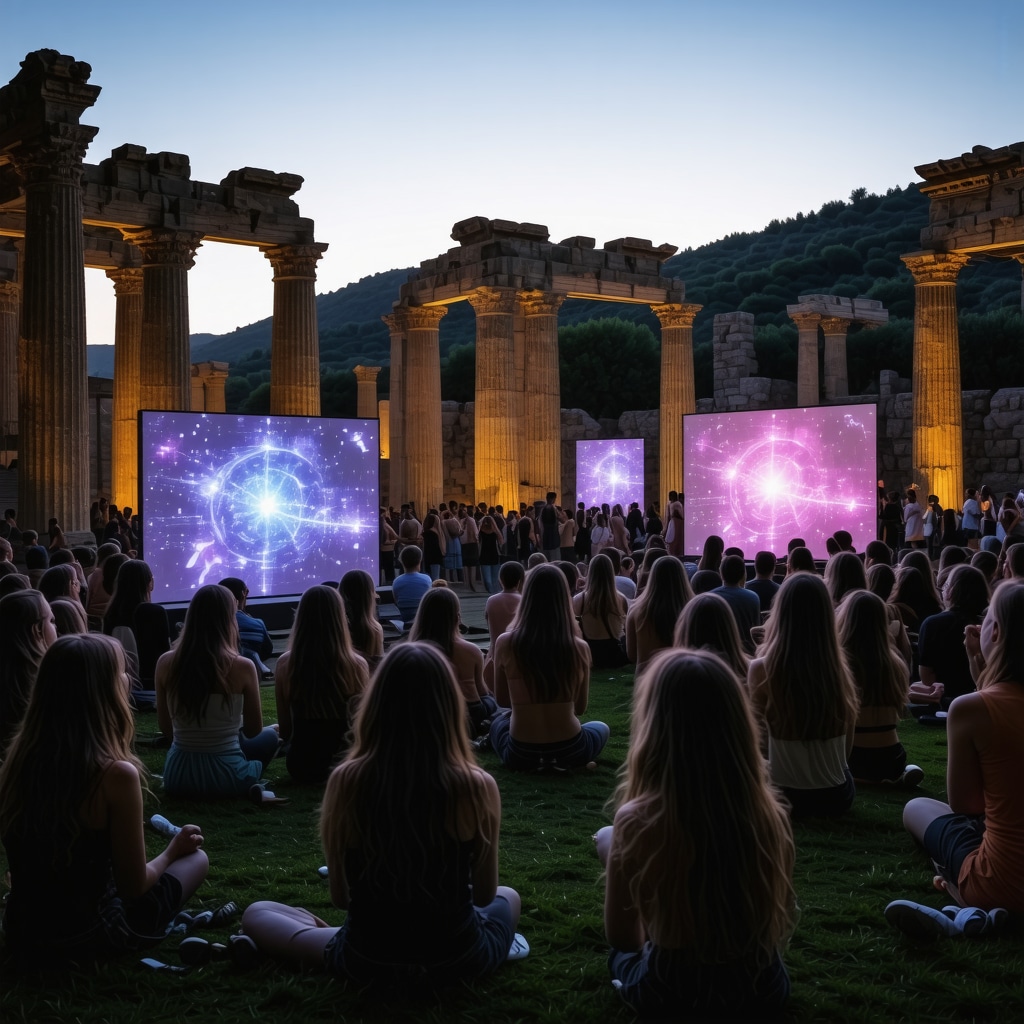 Festival scene with ancient ruins and modern digital technology displays with diverse audience