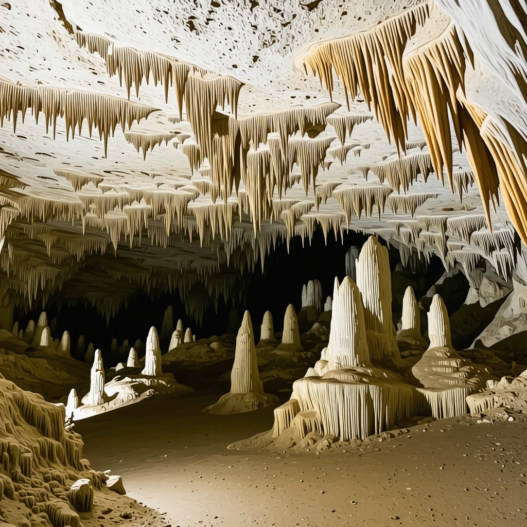 Beautiful interior of Postojna cave showing stalactites and stalagmites during a guided tour