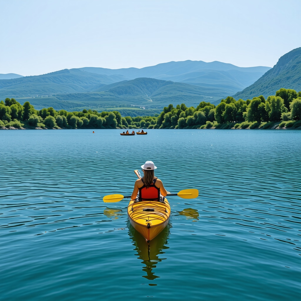 Panoramic view of kayakers on Pamvotida Lake surrounded by green mountains under a clear sky