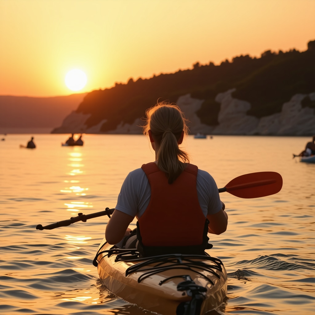 Person kayaking at sunset in Biograd na Moru, Croatia, with scenic coastal views.