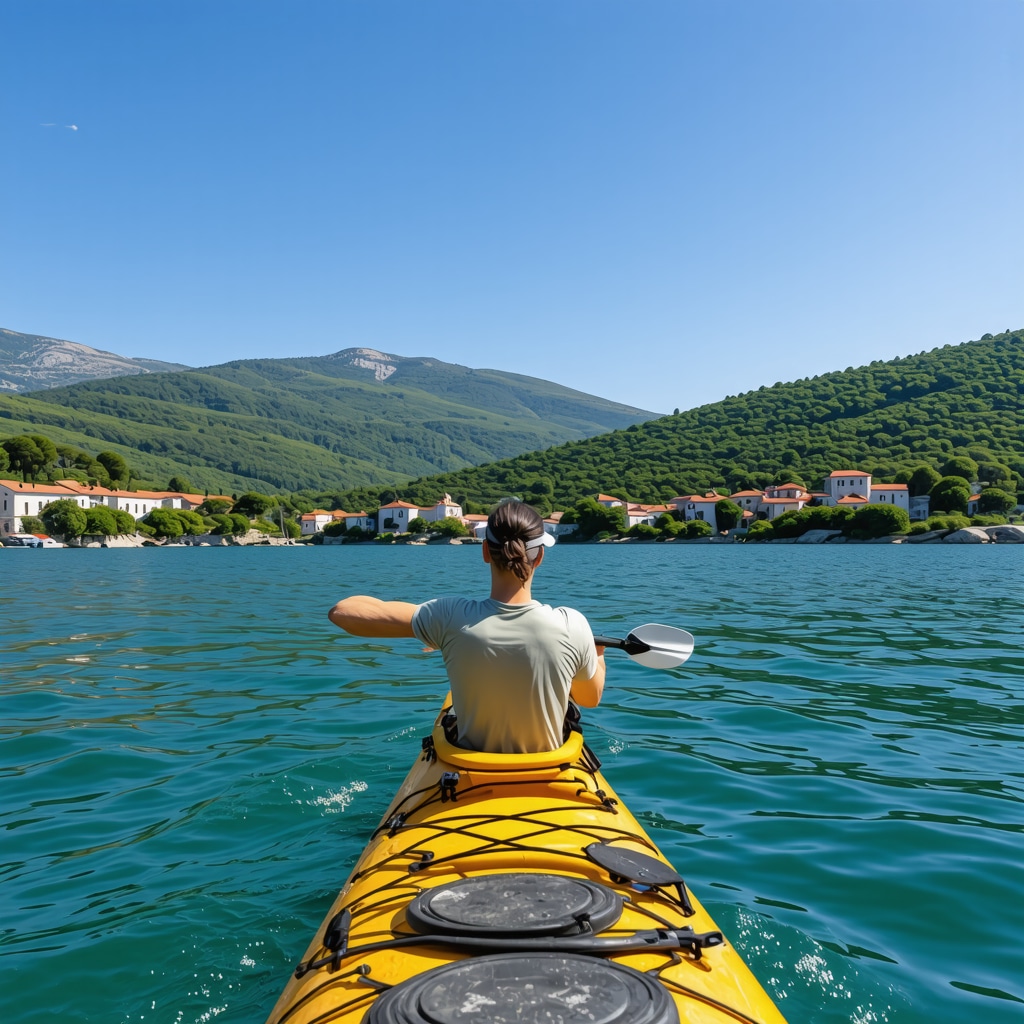 A kayaker paddling on calm waters of Lake Pamvotida with green hills and historic island in the background