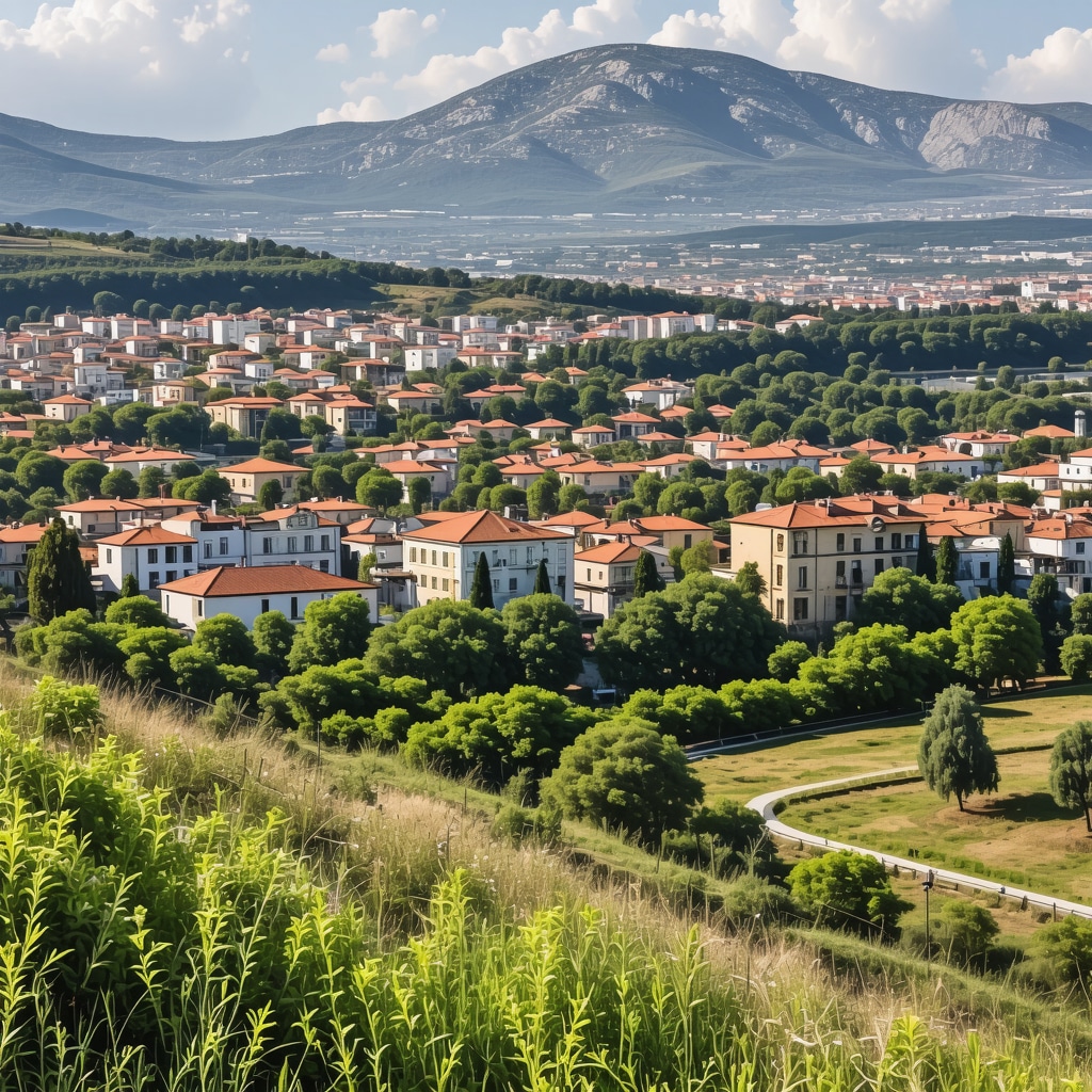 Cityscape of Korçë showcasing cultural landmarks and surrounding natural beauty