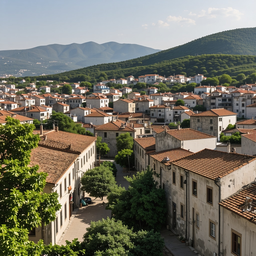 A scenic view of Korçë with historical architecture and lively streets, capturing its cultural essence.