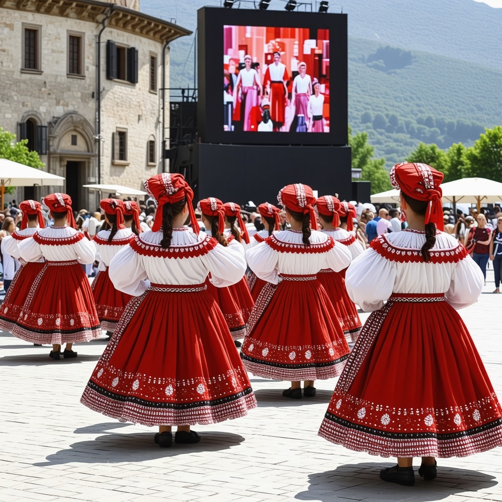 Traditional Albanian dancers performing at Korçë festival with modern digital elements in background