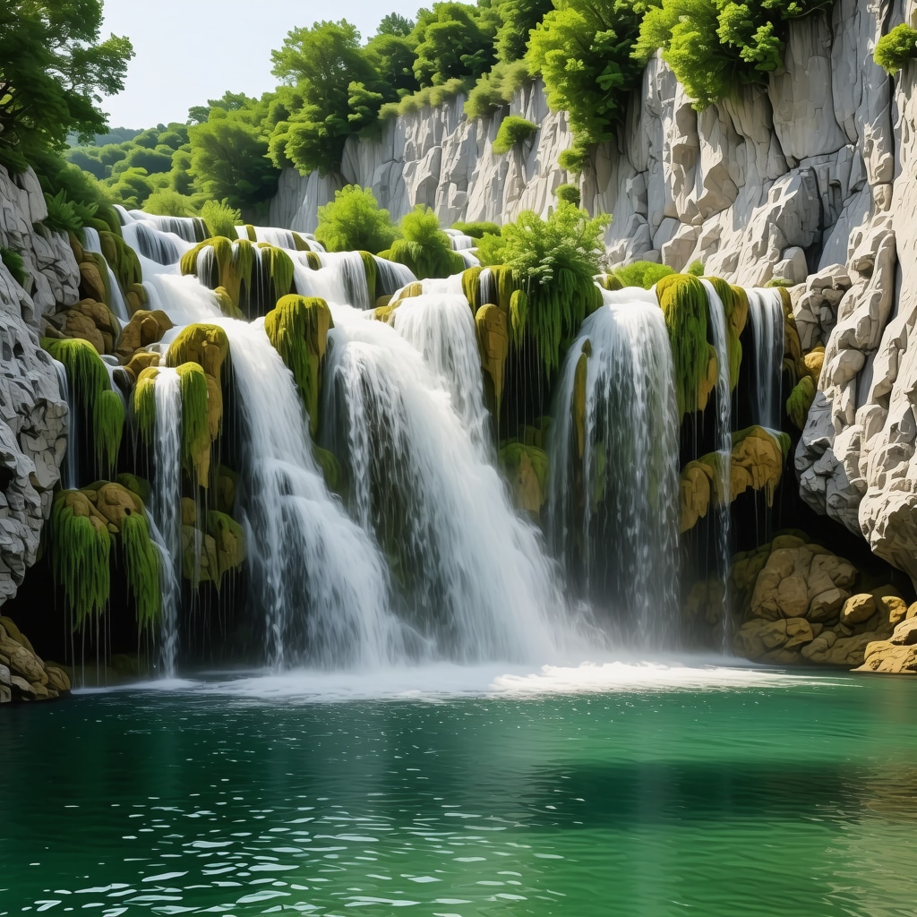 Scenic view of Krka waterfalls surrounded by lush greenery