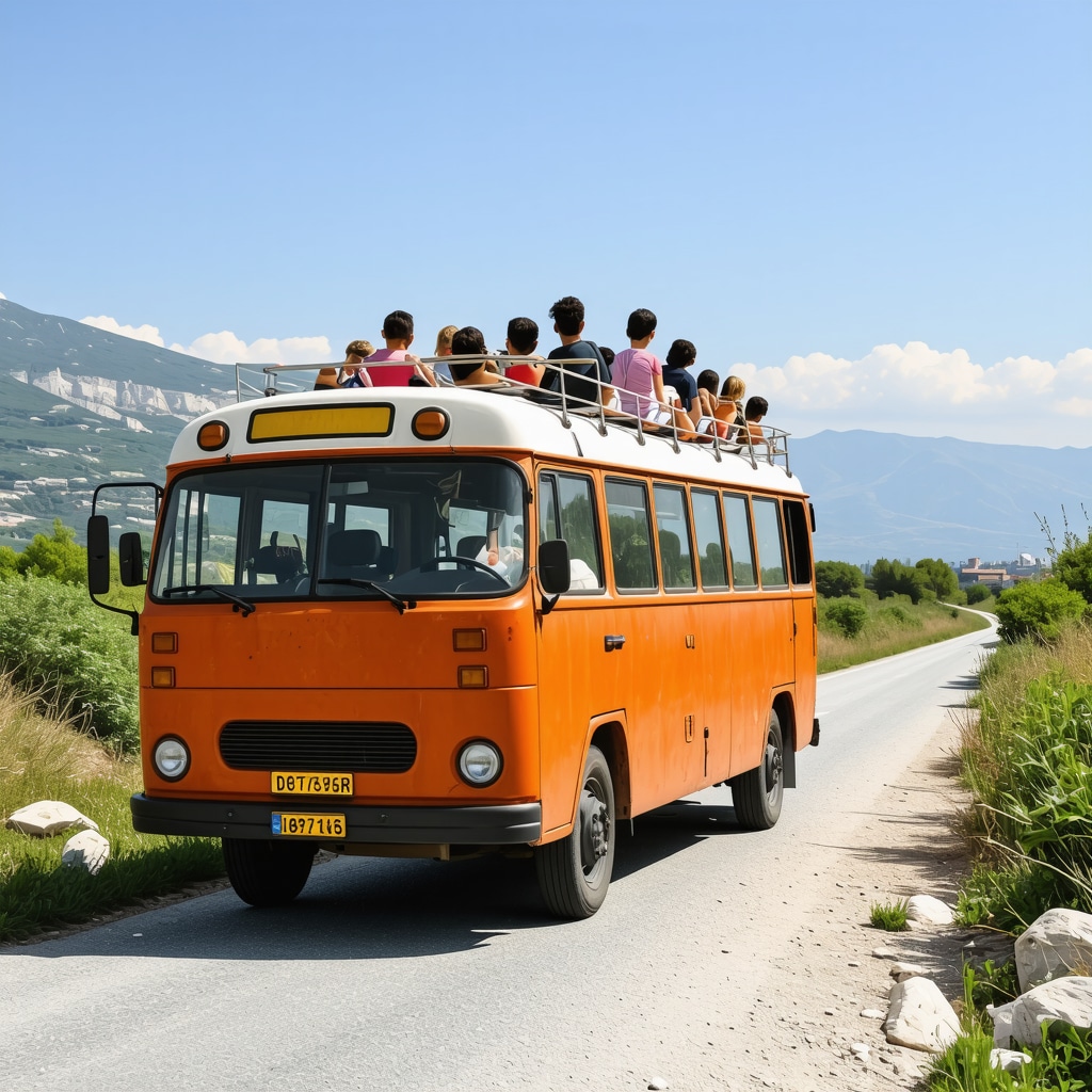 A colorful minibus filled with passengers driving through scenic mountain and coastal roads near Durrës, Albania.