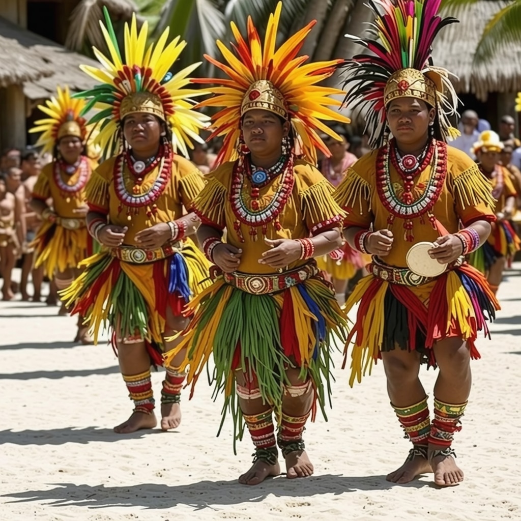Colorful traditional festival scene on an island with music and dance
