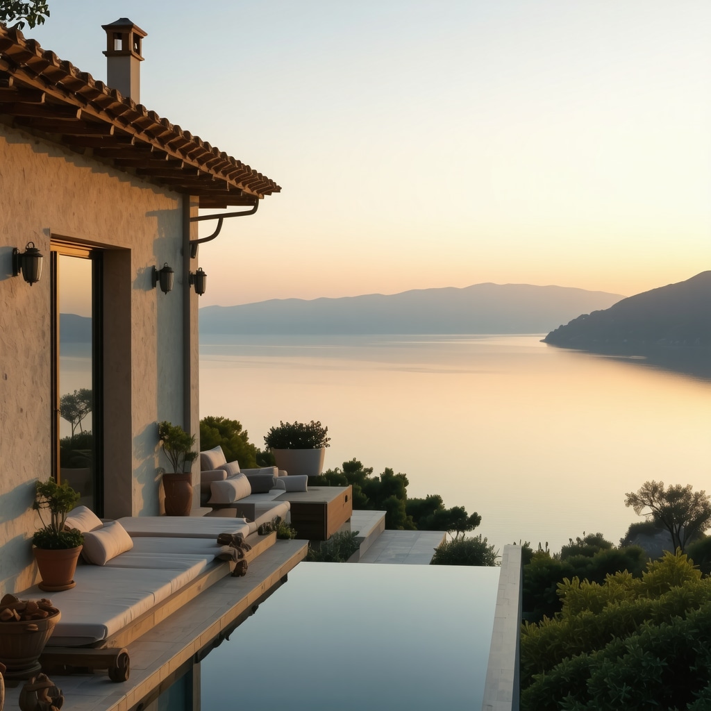 Elegant coastal villa overlooking Tivat at sunset, showcasing luxury and natural beauty