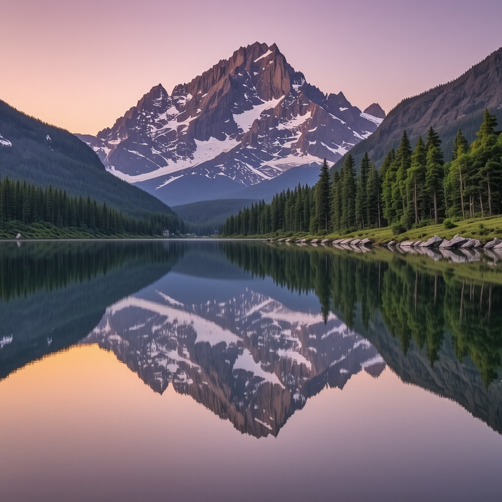 Sunset reflection in mountain lake with colorful sky