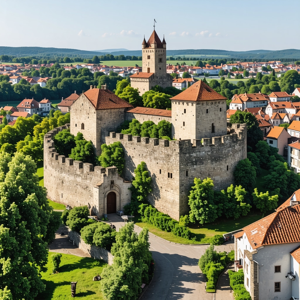 A medieval fortress in Ptuj overlaid with digital graphics representing technological preservation tools.