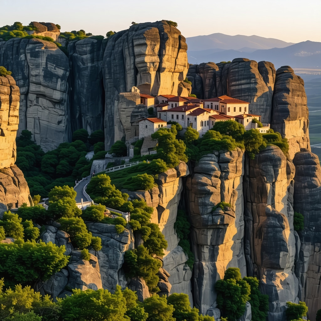 Sunset view of monasteries perched on towering cliffs in Meteora, Greece
