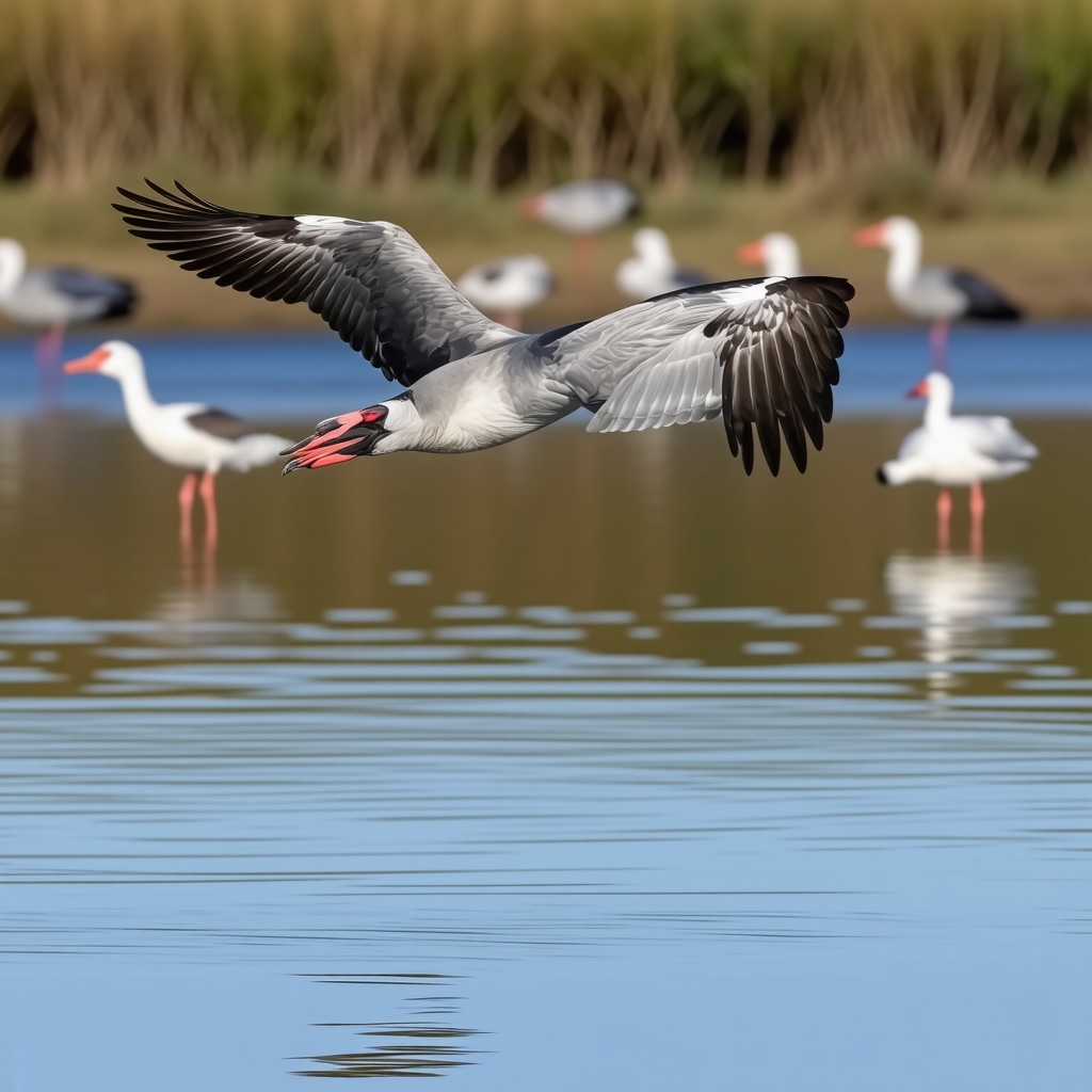 A vibrant scene of migratory birds flying over a lagoon in Divjakë, highlighting biodiversity and ecological importance.