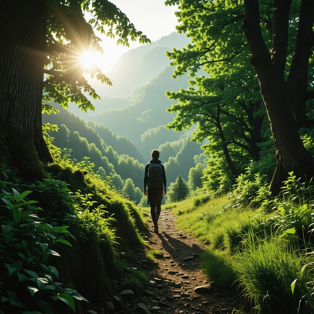 Person practicing mindfulness walking on a lush green mountain trail in Sinaia surrounded by sunlit trees