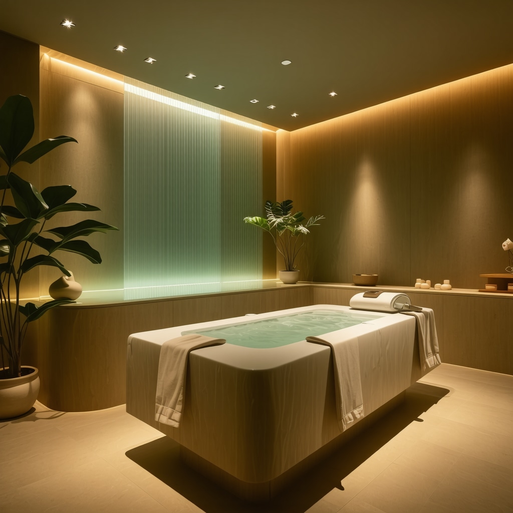 Spa treatment room featuring mineral water and analytical devices, emphasizing blend of tradition and science