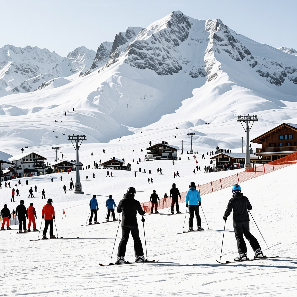 Ski resort with skiers, snow-covered mountains, and modern ski gear