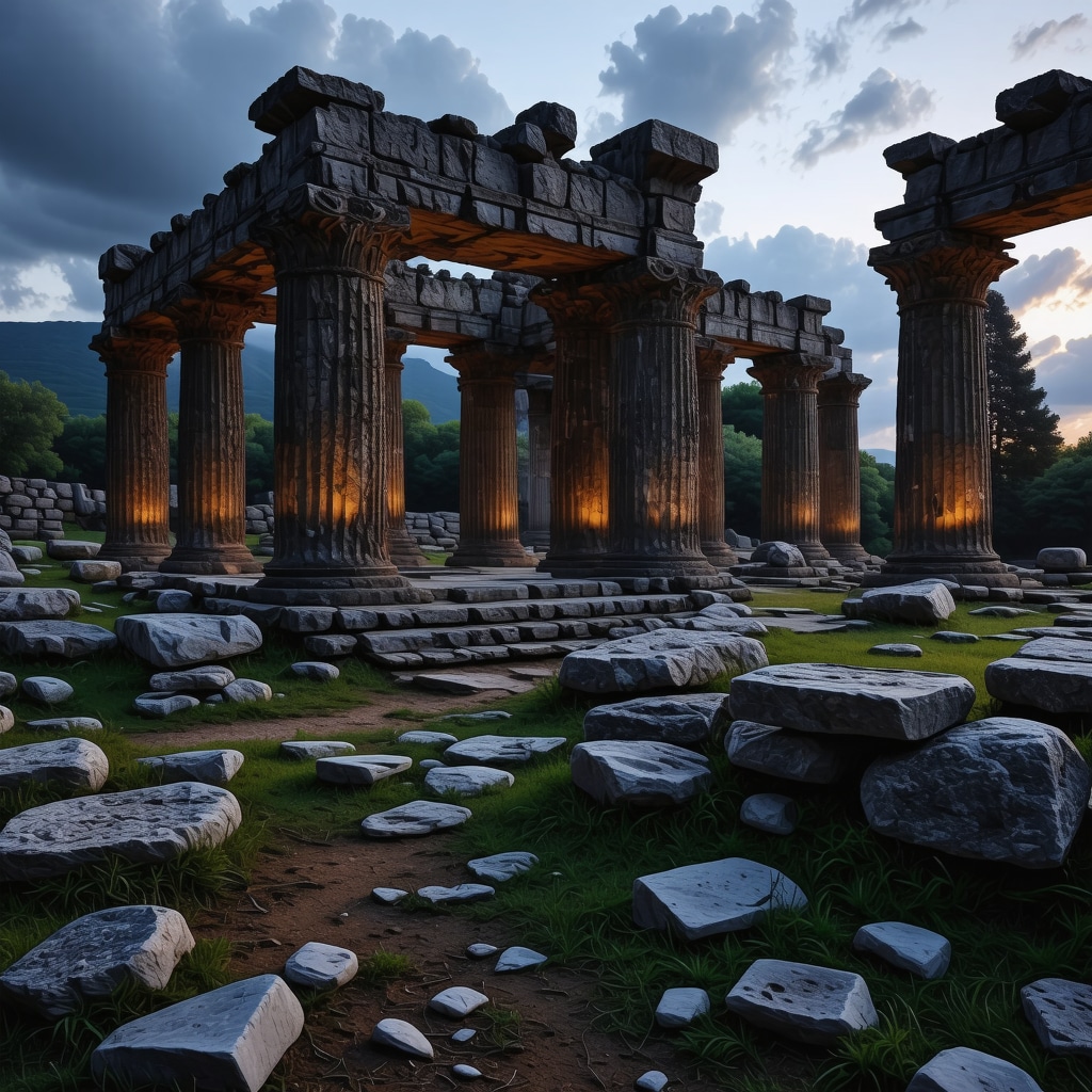 A detailed image of an ancient Balkan archaeological site glowing with mystical energy during sunset