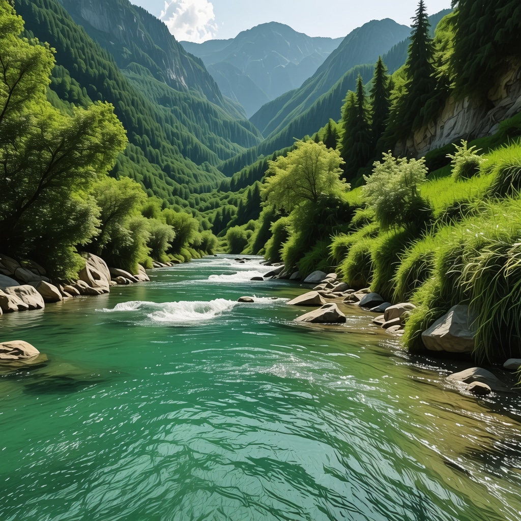 Pristine river in the mountains of Foča with lush greenery and clear waters.