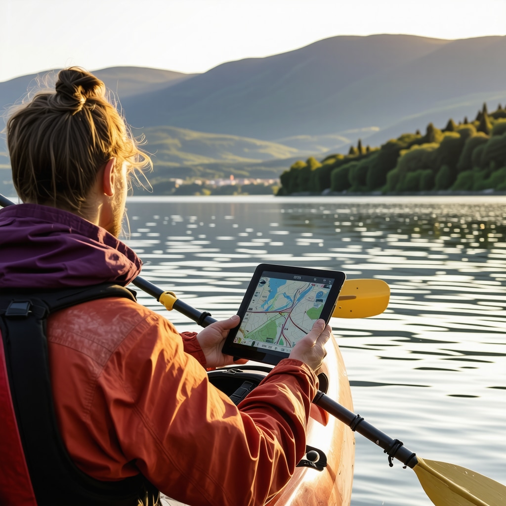 Kayakers on Ohrid Lake at sunrise using GPS technology guided by local expert