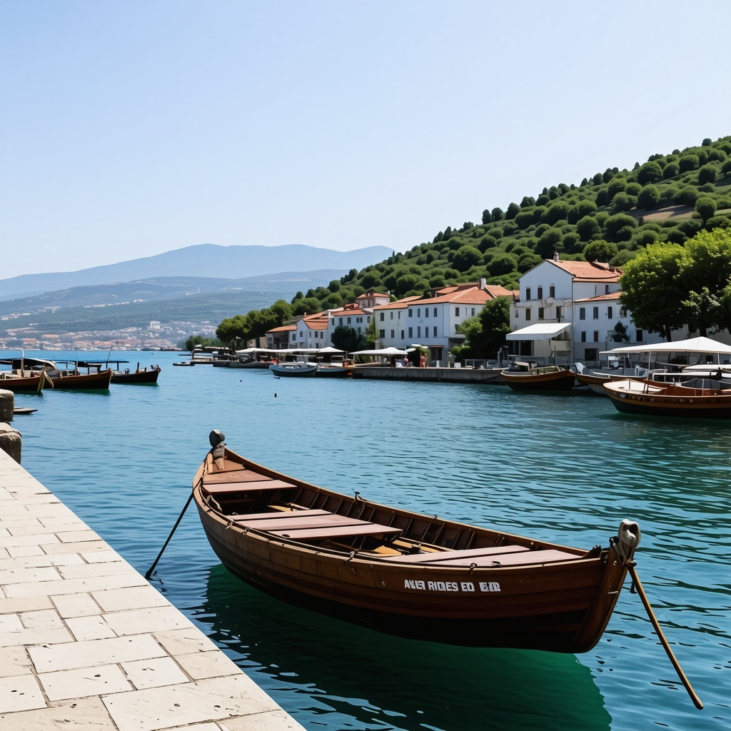 Panoramic view of Ohrid Lake with historic architecture and boats representing cultural and ecological tourism